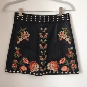 Faux Leather Embroidered Mini Skirt